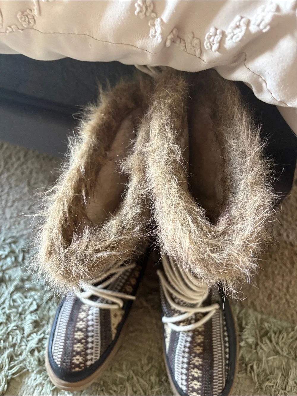 JustFab Brown Patterned Faux-Fur Trim Lace-Up Winter Boots